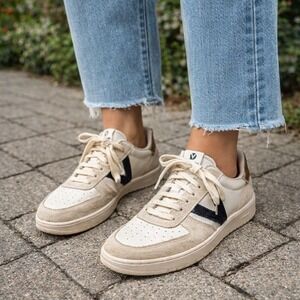 Victoria Madrid Leather Suede Glitter V Sneakers Made in Spain Cream Bronze 40